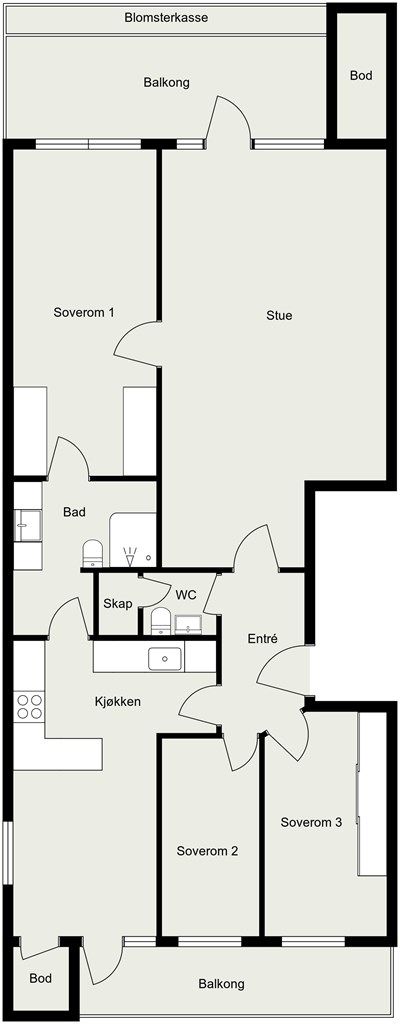 Alternativ plantegningsom viser mulighet for 3 soverom