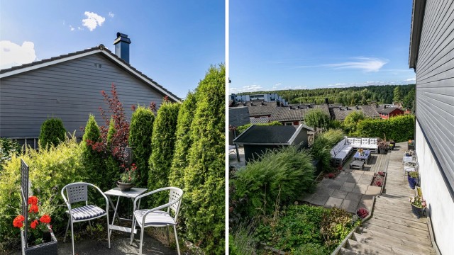 Flere uteplasser og soner rundt boligen gir valgfrihet og anledning til å følge solens gang gjennom dagen.