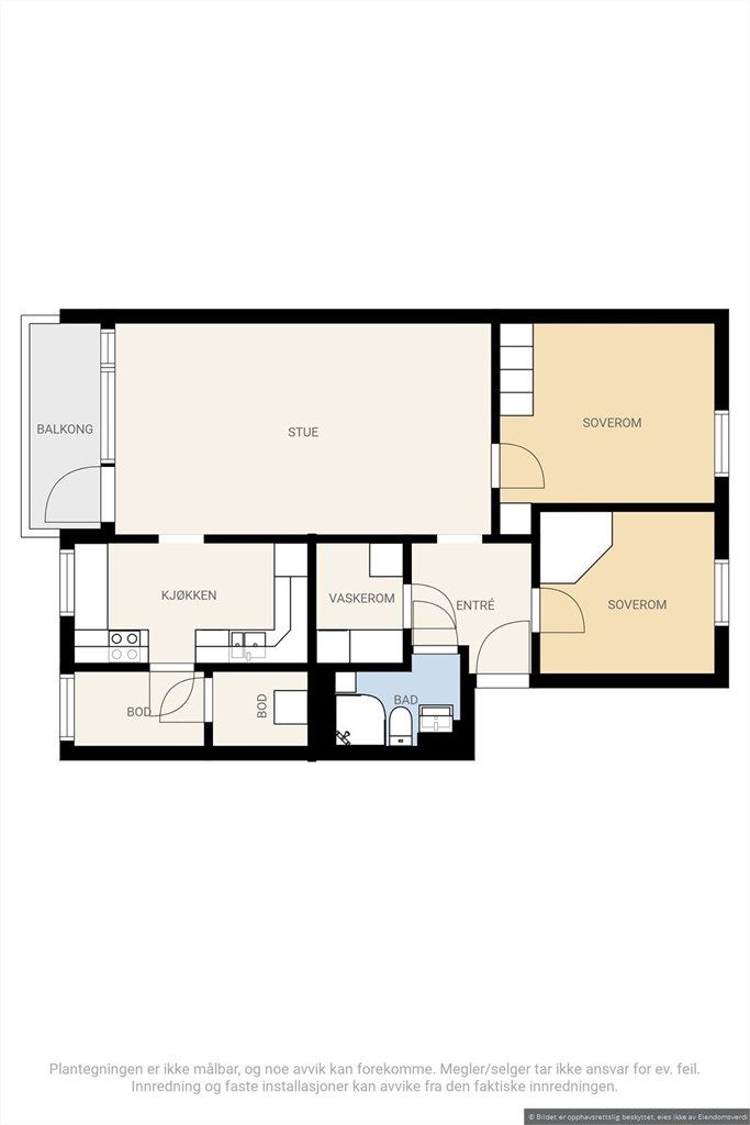 Veiledende planskisse. Leiligheten disponerer også to kjellerboder.