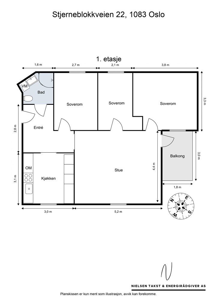 Leiligheten har et bruksareal på 76 m² og en praktisk planløsning med ulike soner.