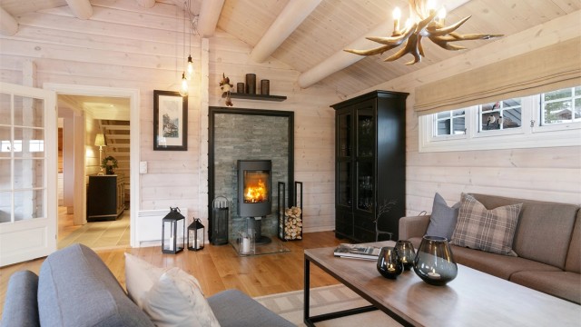 Peisovn med glassdør i stuen som gir en lun og hyggelig atmosfære