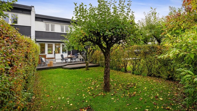 Hagen er pent opparbeidet og omkranset av en tett hekk mot naboene.