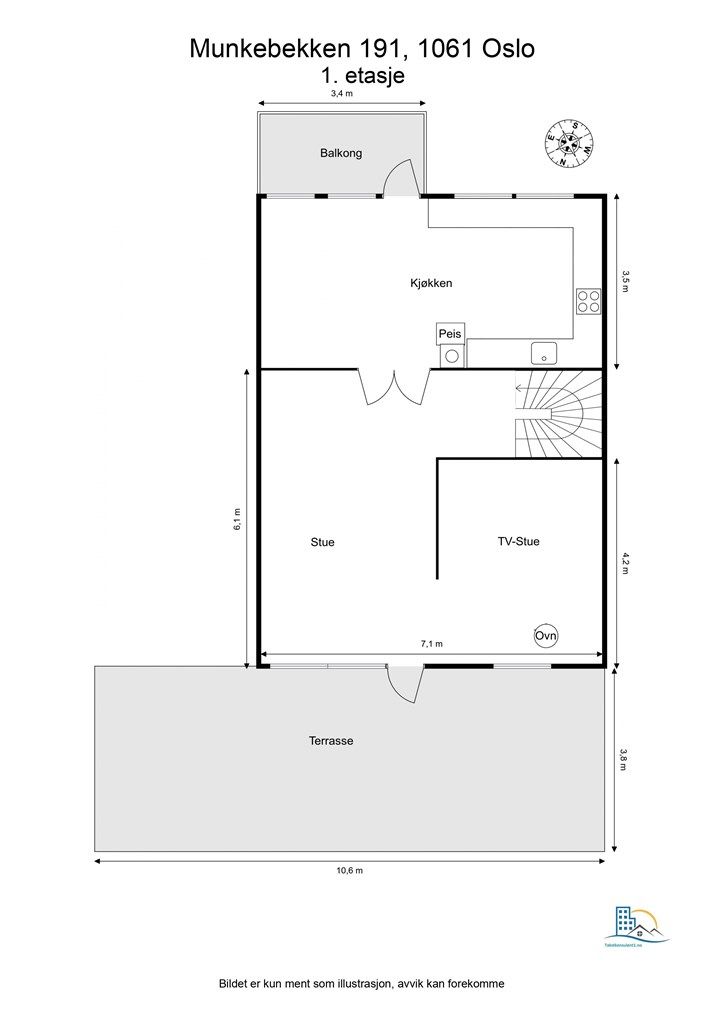 Planløsning 1. etasje: En sosial sone med stue, TV-stue og kjøkken, samt utgang til to uteplasser.