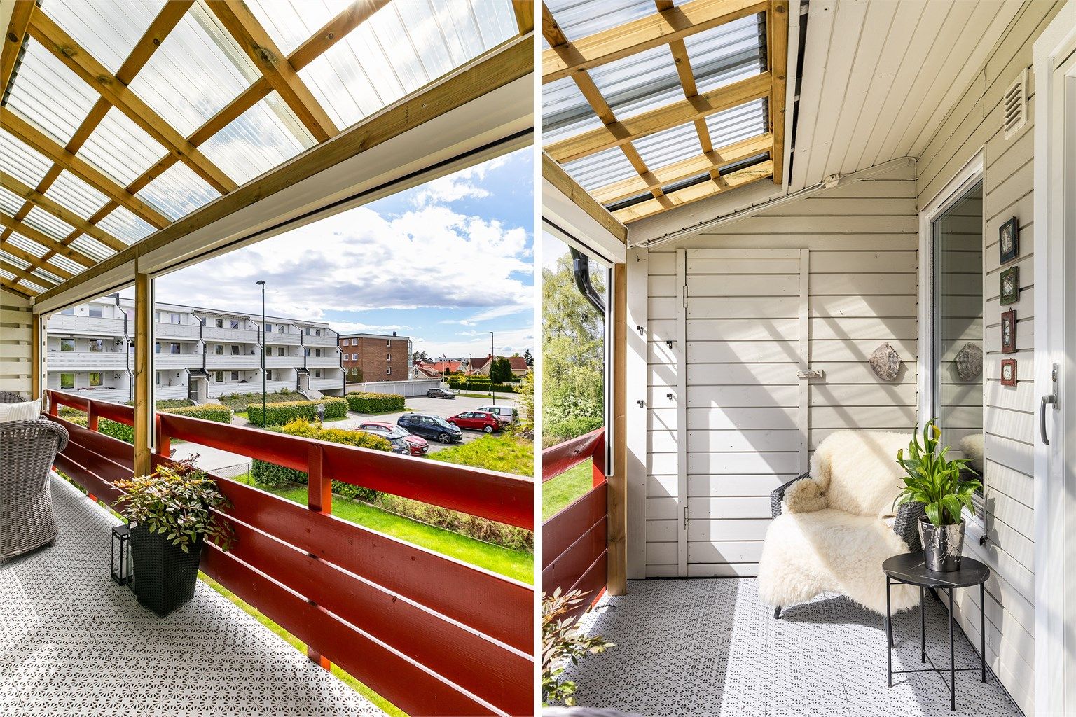 Med heldekkende overbygg og moderne screens i front er verandaen godt skjermet. Sommerstid titter solen inn fra tidlig ettermiddag til sen kveld.