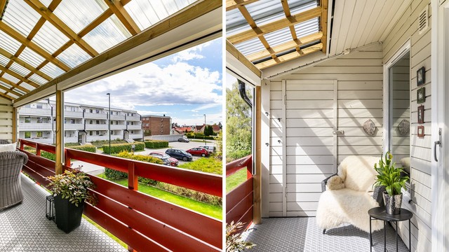 Med heldekkende overbygg og moderne screens i front er verandaen godt skjermet. Sommerstid titter solen inn fra tidlig ettermiddag til sen kveld.