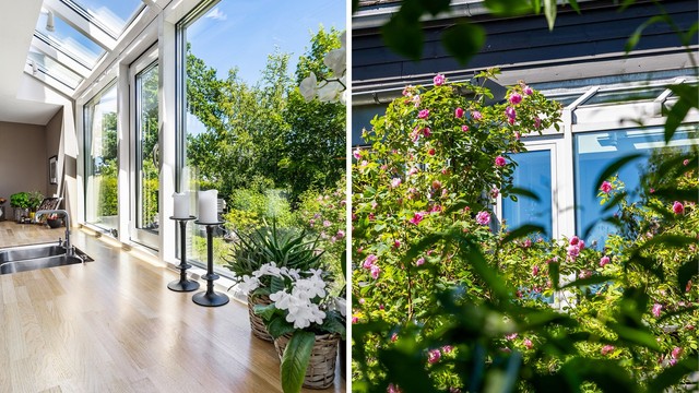 Takvinduer fyller kjøkkenbenkene med naturlig overlys. Én av mange kvaliteter.
