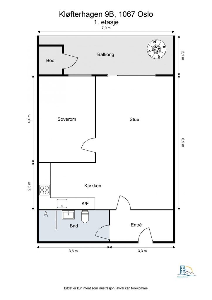Leiligheten har en arealeffektiv planløsning på 61 m² med entré, bad, soverom, kjøkken og stue.
