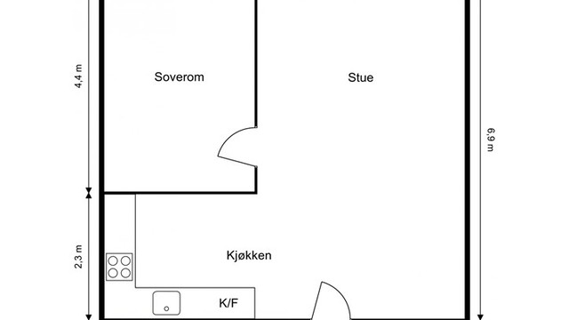 Leiligheten har en arealeffektiv planløsning på 61 m² med entré, bad, soverom, kjøkken og stue.