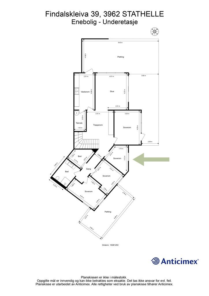 Plantegning u.etg. Det gjøres oppmerksom på at markert "soverom" er tegnet inn som kontor i originale byggetegninger. Kjøper overtar ansvar for dette. 