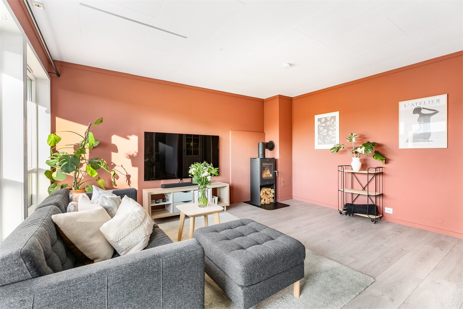 En rentbrennende og effektiv vedovn er nylig montert i stuen. Ovnen kan gi varme til hele leiligheten.