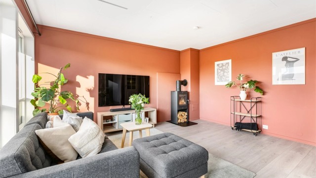 En rentbrennende og effektiv vedovn er nylig montert i stuen. Ovnen kan gi varme til hele leiligheten.