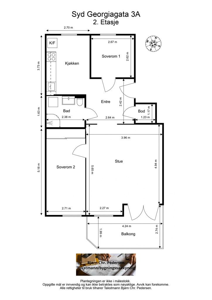 En arealeffektiv planløsning på 69 m² fordeler seg på entré, to soverom, bad, stue og separat kjøkken.
