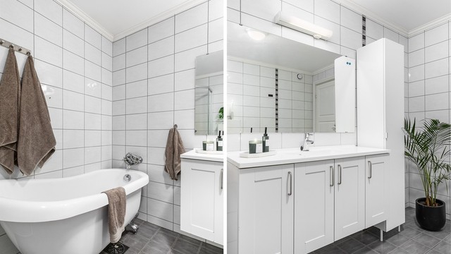 Med både dusjhjørne og badekar byr badet på valgfrihet.