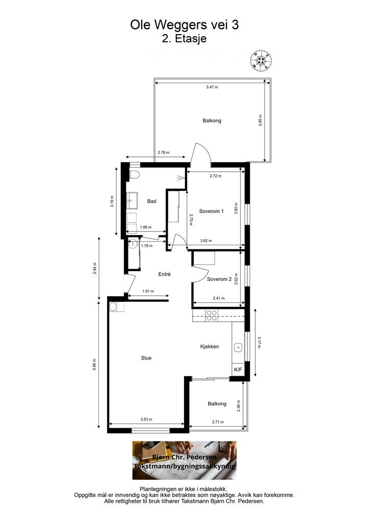 Leiligheten har en arealeffektiv planløsning på 67 m² (BRA) som omfatter en åpen stue- og kjøkkenløsning, to soverom, bad og entré.