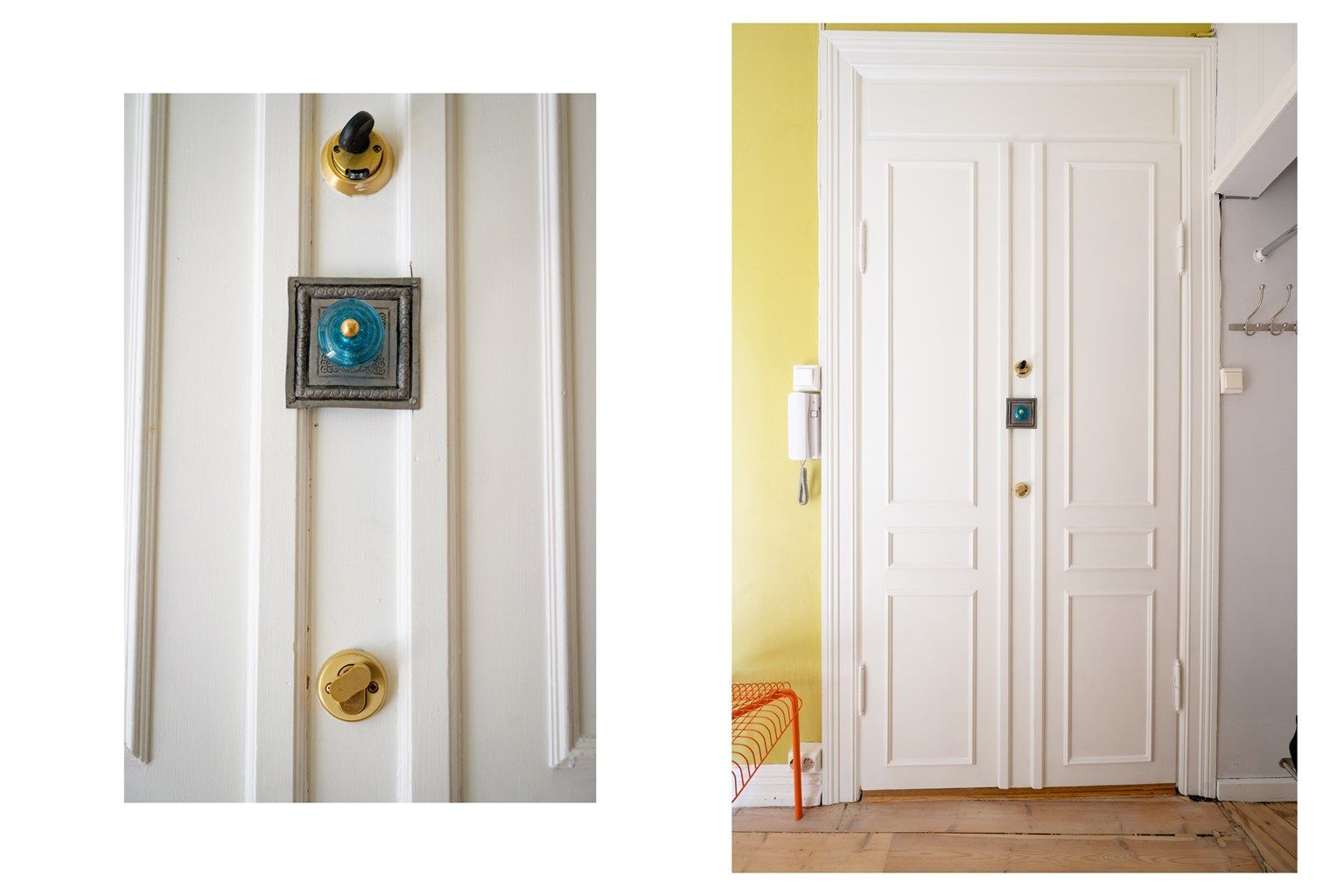 Klassisk fløydør inn til leiligheten, med flotte, klassiske detaljer som ellers i leiligheten.