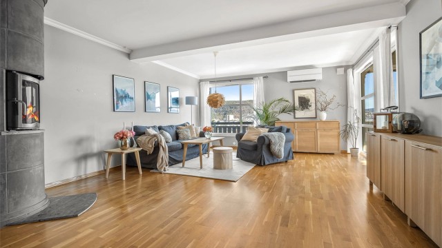 Peisovnen med glassdør skaper en lun atmosfære og gir en god tilleggsvarme på kalde dager.