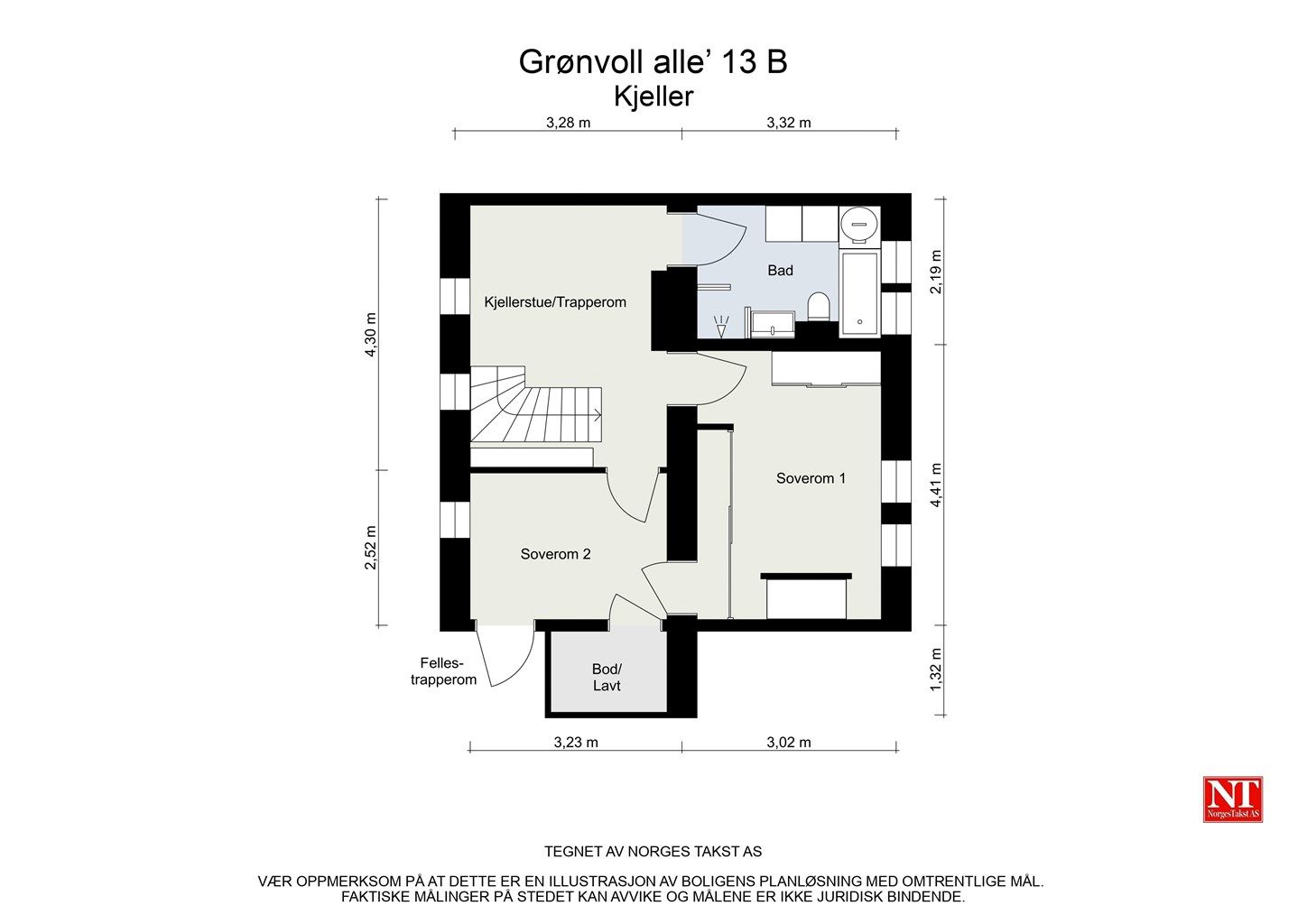 Planløsning av kjelleretasjen. Det gjøres oppmerksom på at rommene i kjelleren ikke er godkjent for varig opphold.