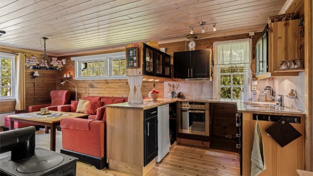 Kjøkkeninnredning med profilerte fronter og benkeplate av tre med nedfelt oppvaskkum.