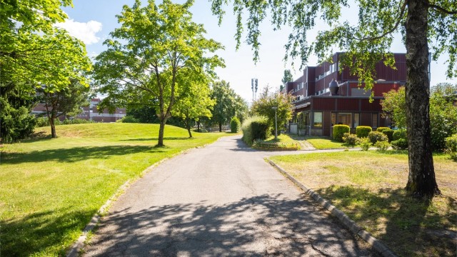 Opparbeidede gangveier og grønne områder bidrar til et hyggelig bomiljø.