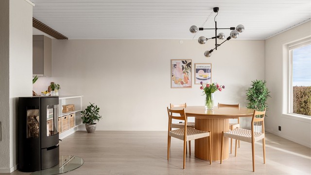 Peisovn sentralt i rommet som gir fra seg godt med varme på kaldere dager