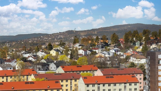 Utsyn over etablerte boligområder med variert bebyggelse.