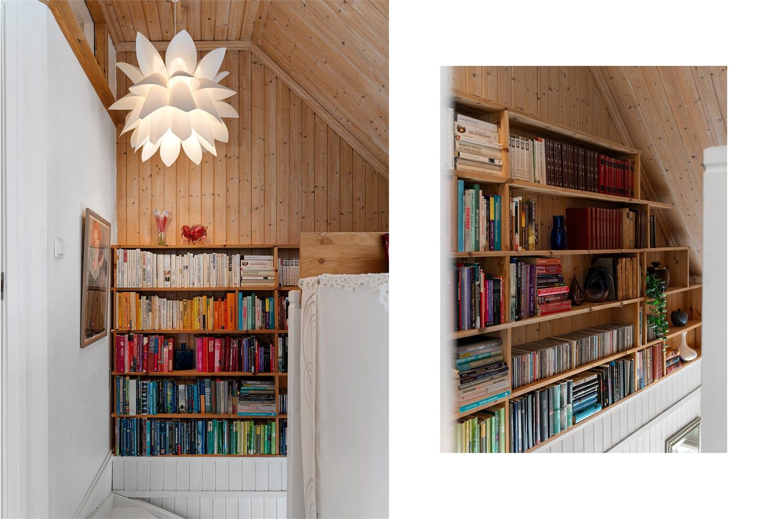  En stor, plassbygget bokhylle utnytter plassen under taket.