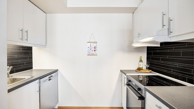 Plass til frittstående komfyr, oppvaskmaskin og kjøleskap med fryser.
