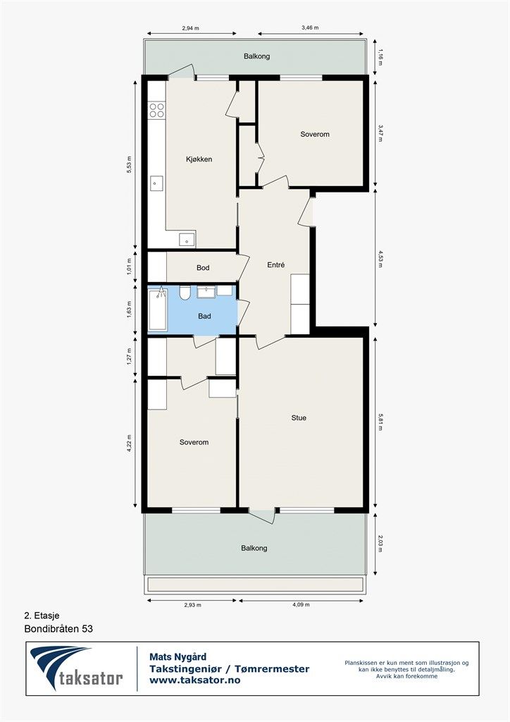 Entre, 2 soverom, bad, garderobe, bod, kjøkken og stue.