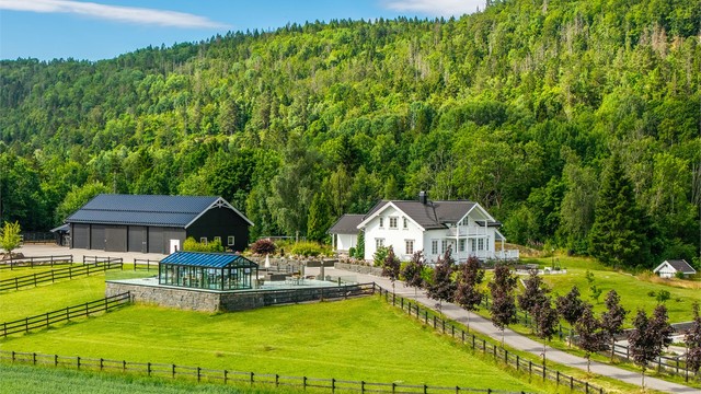 Tunet fremstår innbydende og solrikt, med en romslig og skjermet hage beplantet med frukttrær, grønne plenarealer og naturlig vegetasjon som understreker eiendommens landlige og sjarmerende karakter.