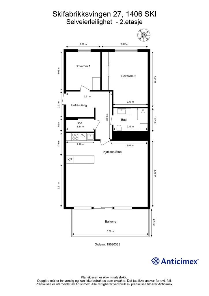 Leiligheten har en arealeffektiv planløsning på 73 m² med to soverom, åpen stue- og kjøkkenløsning og adkomst via heis.