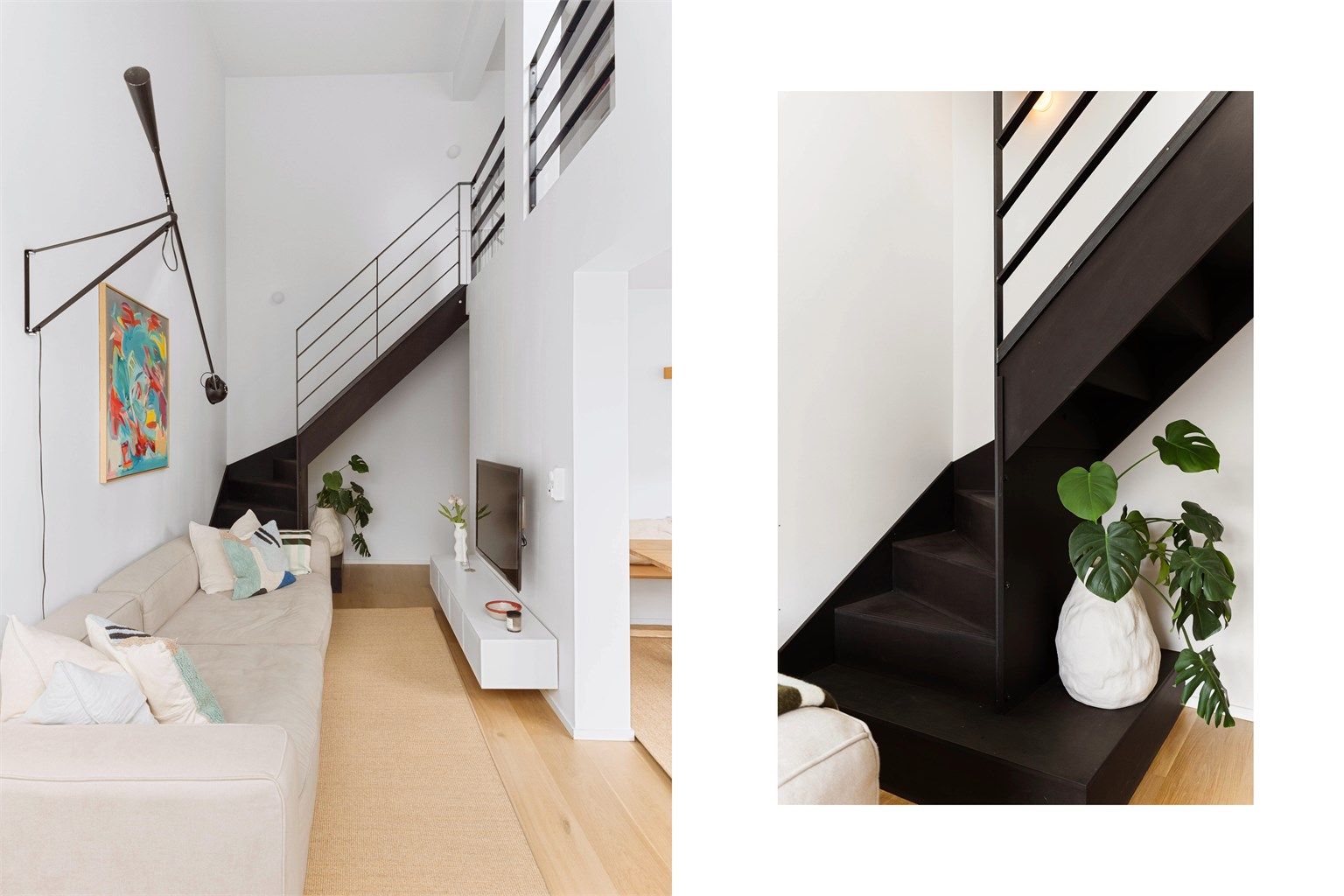 Den innvendige ståltrappen, med sitt slanke rekkverk, er boligens mest markante arkitektoniske grep.