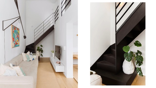 Den innvendige ståltrappen, med sitt slanke rekkverk, er boligens mest markante arkitektoniske grep.