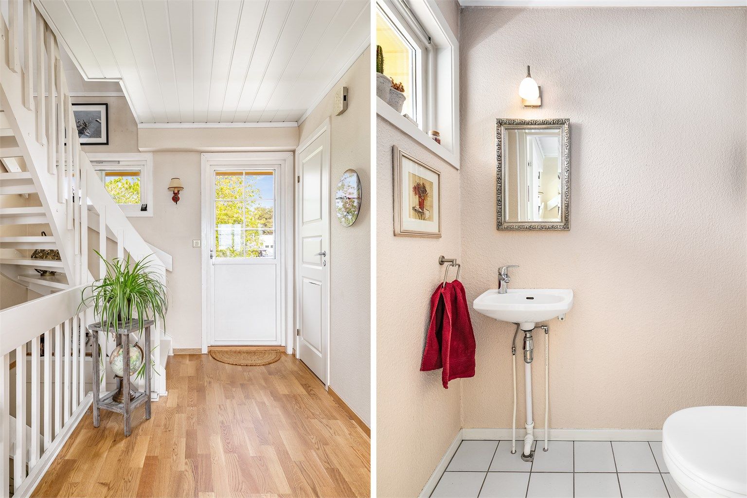 Ytterst i hallen finnes et toalettrom det er praktisk å ha i samme etasje som stuen og kjøkkenet.