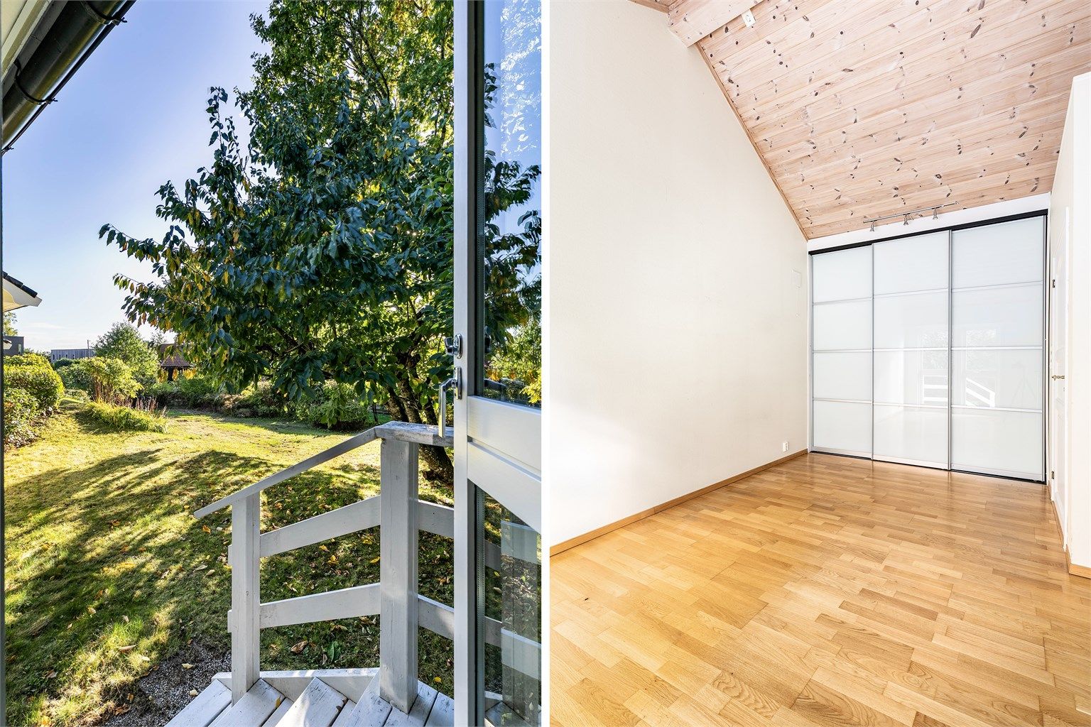 Hovedsoverommet har praktisk skyvedørsgarderobe, utgang til hagen og tilsvarende himlingshøyde som kjøkkenet.