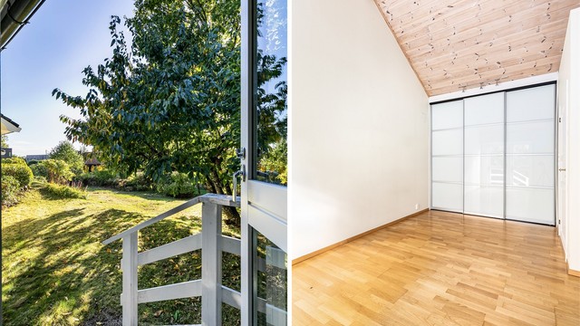 Hovedsoverommet har praktisk skyvedørsgarderobe, utgang til hagen og tilsvarende himlingshøyde som kjøkkenet.