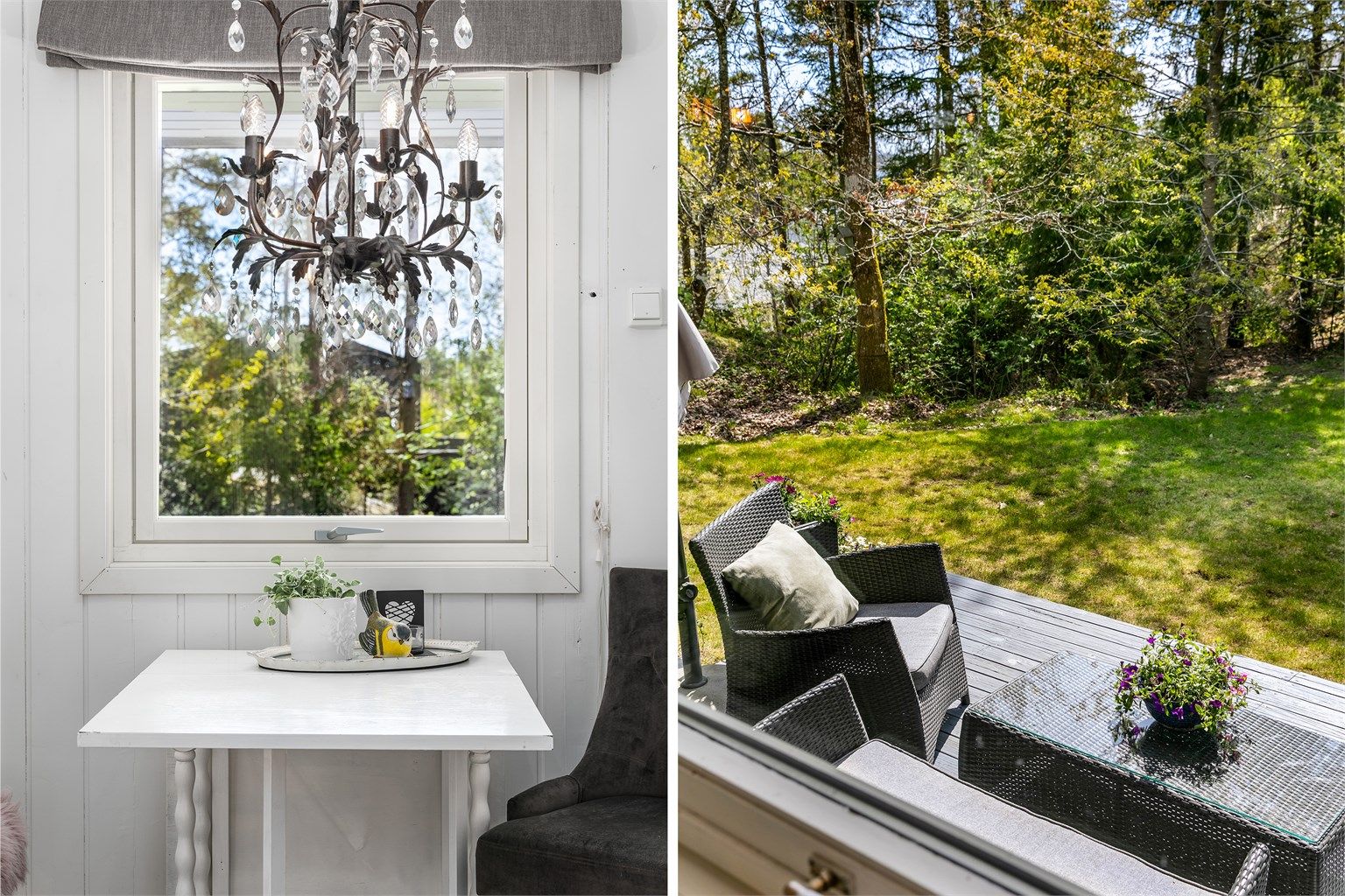Med frokostbordet foran kjøkkenvinduet får du følge av fint utsyn til hagen. Vinduet ble i 2019 installert i den opprinnelig inngangsdørens sted.
