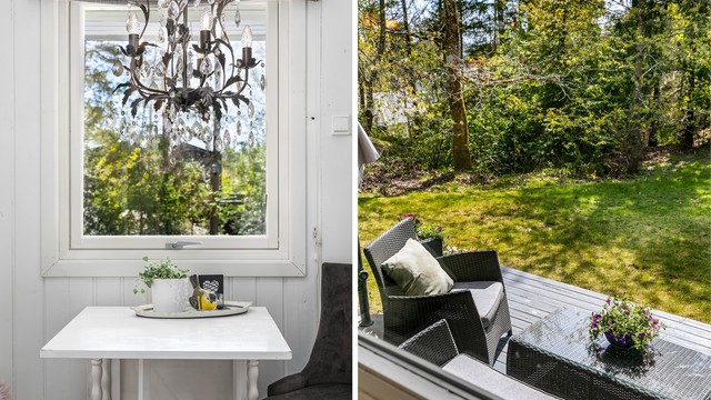 Med frokostbordet foran kjøkkenvinduet får du følge av fint utsyn til hagen. Vinduet ble i 2019 installert i den opprinnelig inngangsdørens sted.