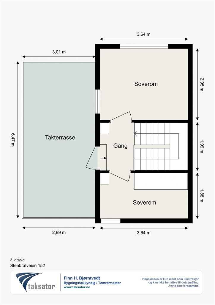 Toppetasjen i 3. etasje består av to soverom og en gang med utgang til takterrassen.