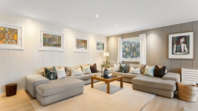 Stuen har malte panelplater og downlights i himlingen.