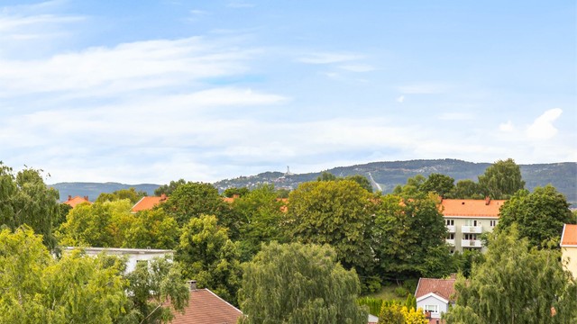 Utsikt mot de rolige og grønne omgivelsene i retning Lille Tøyen Hageby.