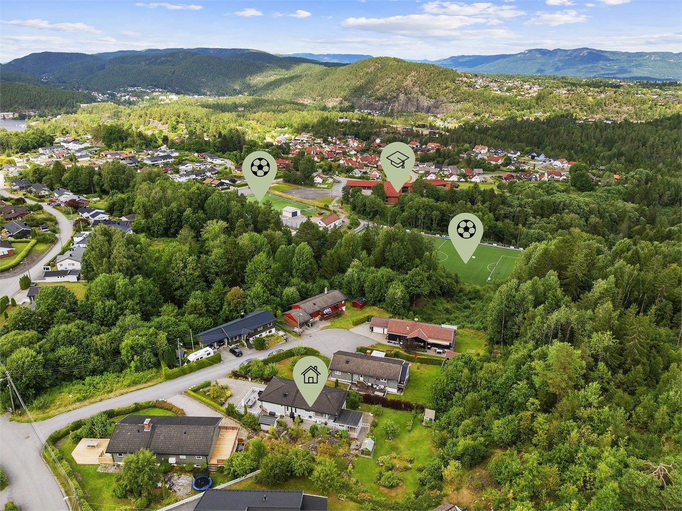 Det er gangavstand til skole, barnehage og idrettsanlegg