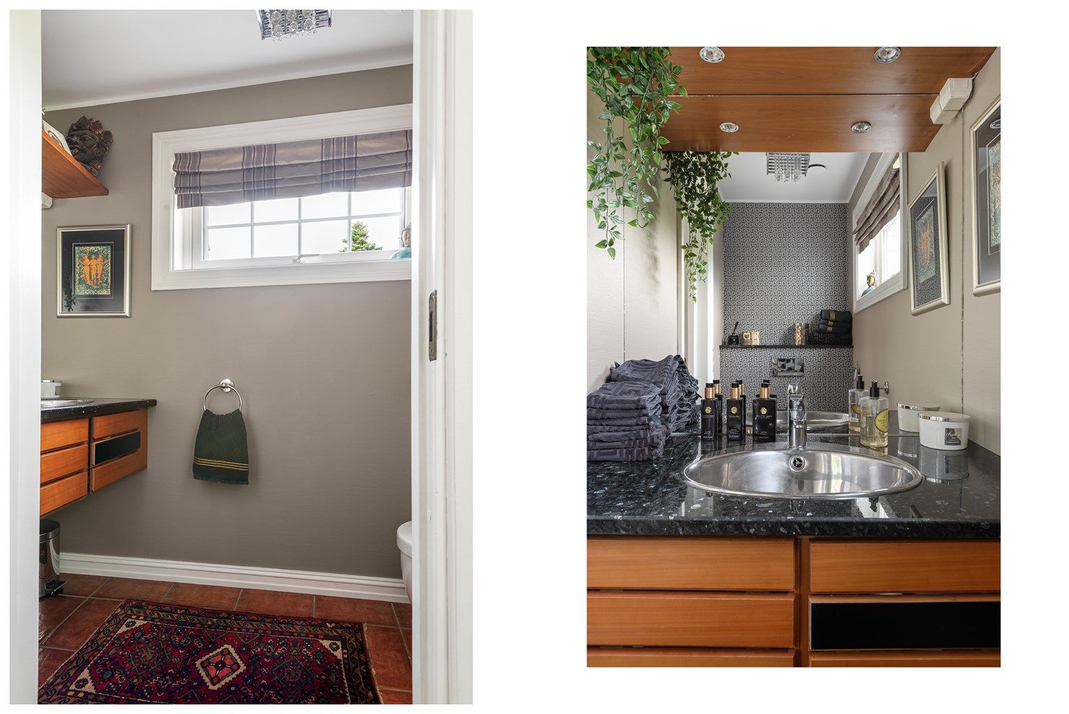 Toalettet ligger i praktisk tilknytning til entréen/hallen og har gulvfliser med gulvarme. Vegghengt innredning fra Multiform med benkeplate av mørk stein