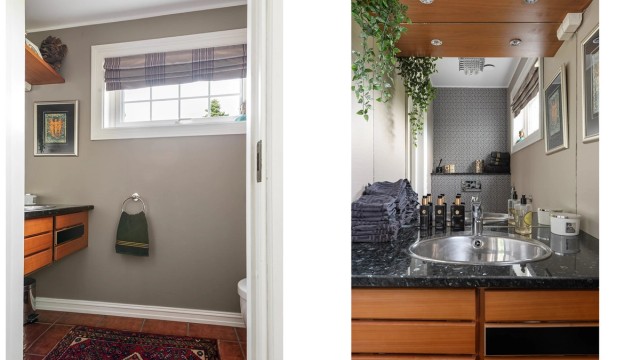 Toalettet ligger i praktisk tilknytning til entréen/hallen og har gulvfliser med gulvarme. Vegghengt innredning fra Multiform med benkeplate av mørk stein