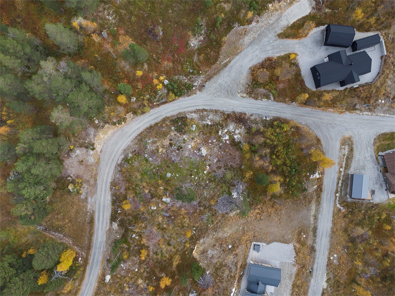 Dronebilde av tomten sett fra fugleperspektiv