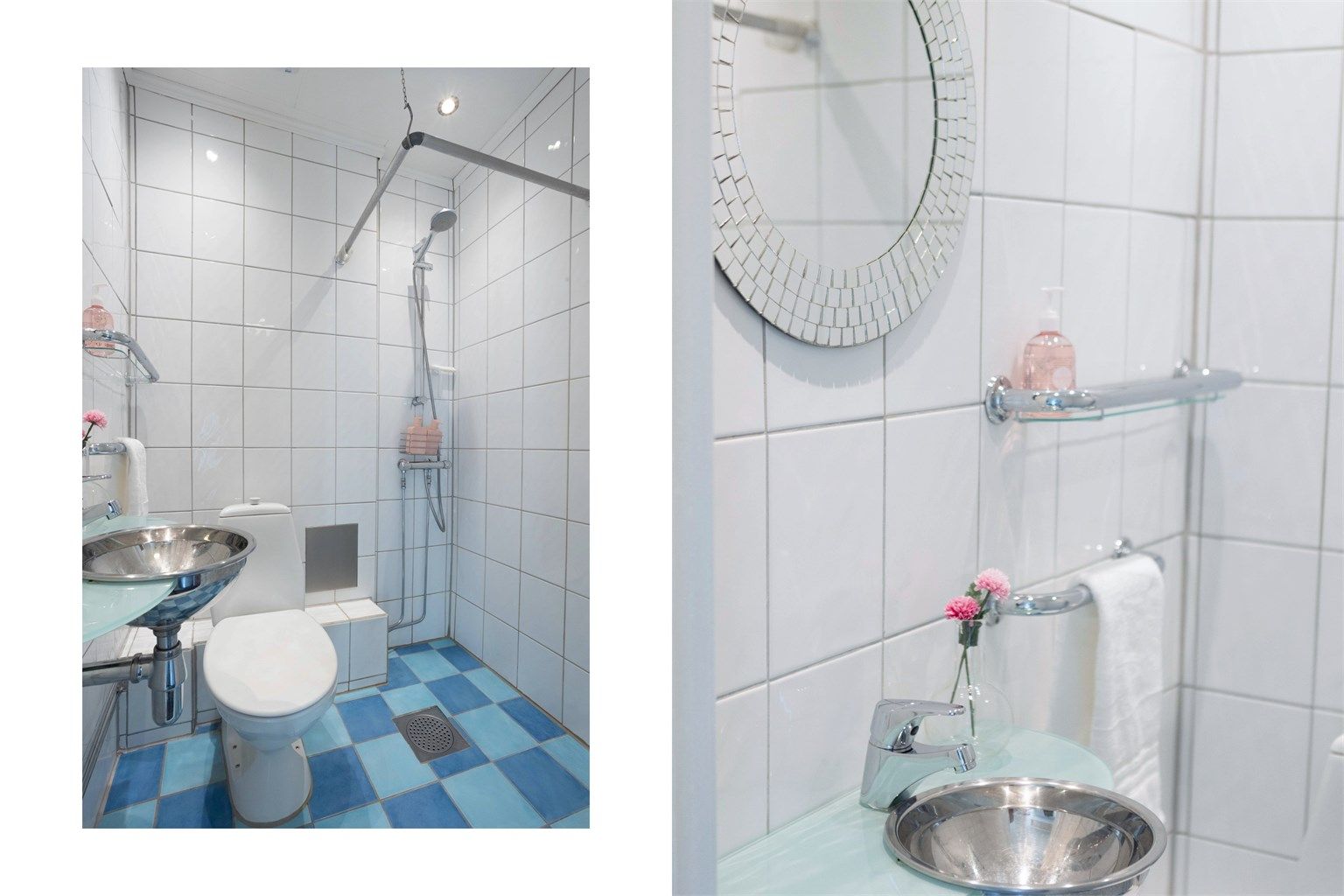 Badet har flislagte vegger og gulv, med tilhørende elektrisk gulvvarme. Rommet er utstyrt med gulvstående klosett, servant, speil og dusj, samt en elektrisk styrt vifte for god ventilasjon. 