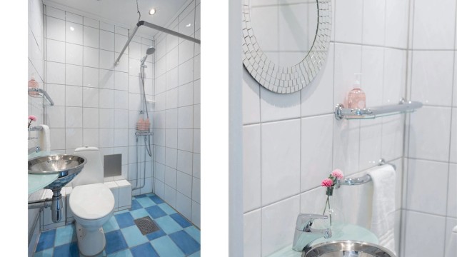 Badet har flislagte vegger og gulv, med tilhørende elektrisk gulvvarme. Rommet er utstyrt med gulvstående klosett, servant, speil og dusj, samt en elektrisk styrt vifte for god ventilasjon.