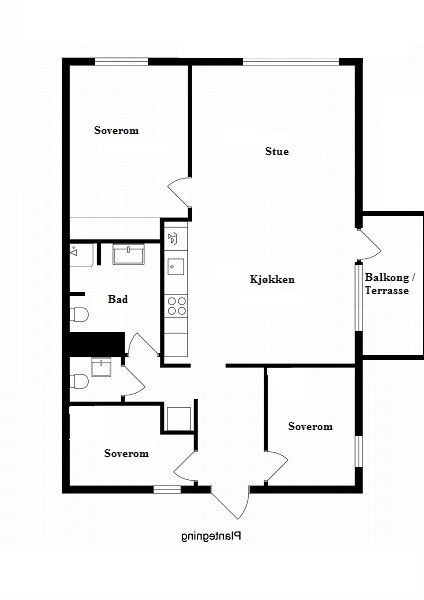 Planskissen viser en optimalt utnyttet 4-roms på 70 kvm. Sydvendt, solrik balkong på ca 9 kvm. 