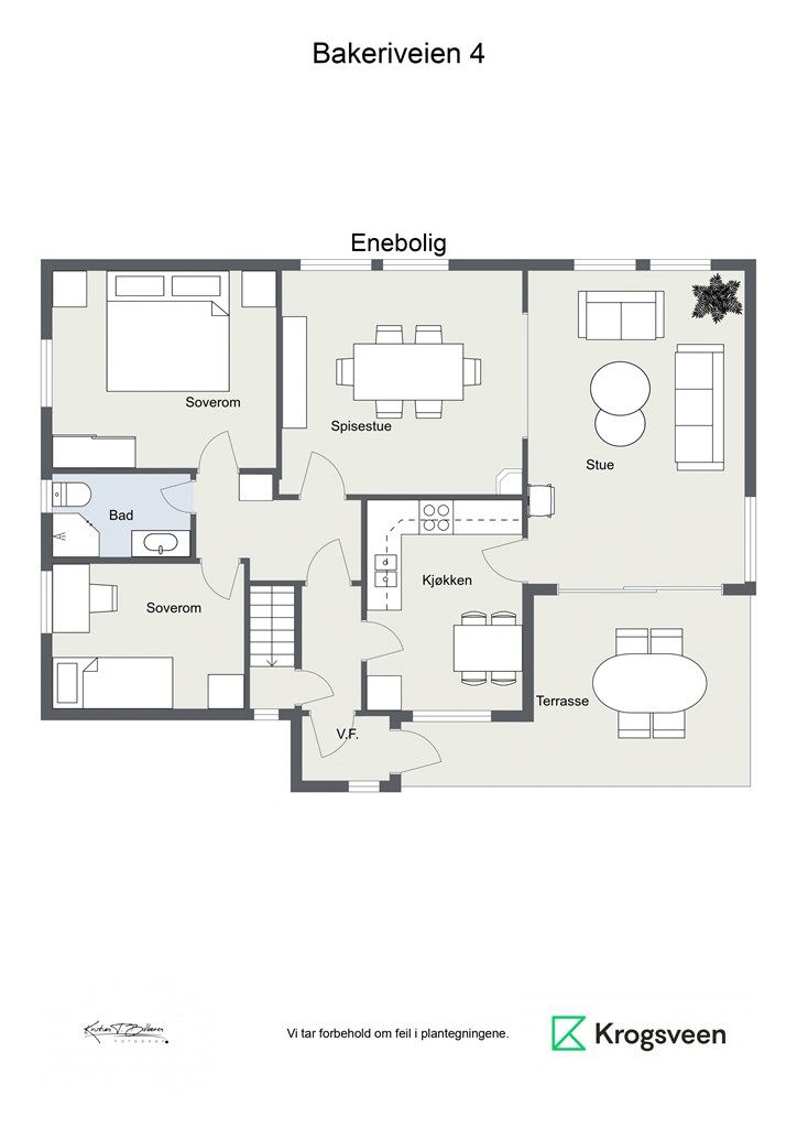 Plantegning - her er alt på en flate. I tillegg har huset grovkjeller og loft. 