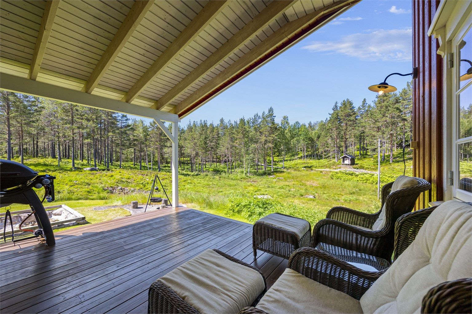 Overbygd terrasse på 14 m² med utgang fra stue og spisestue.