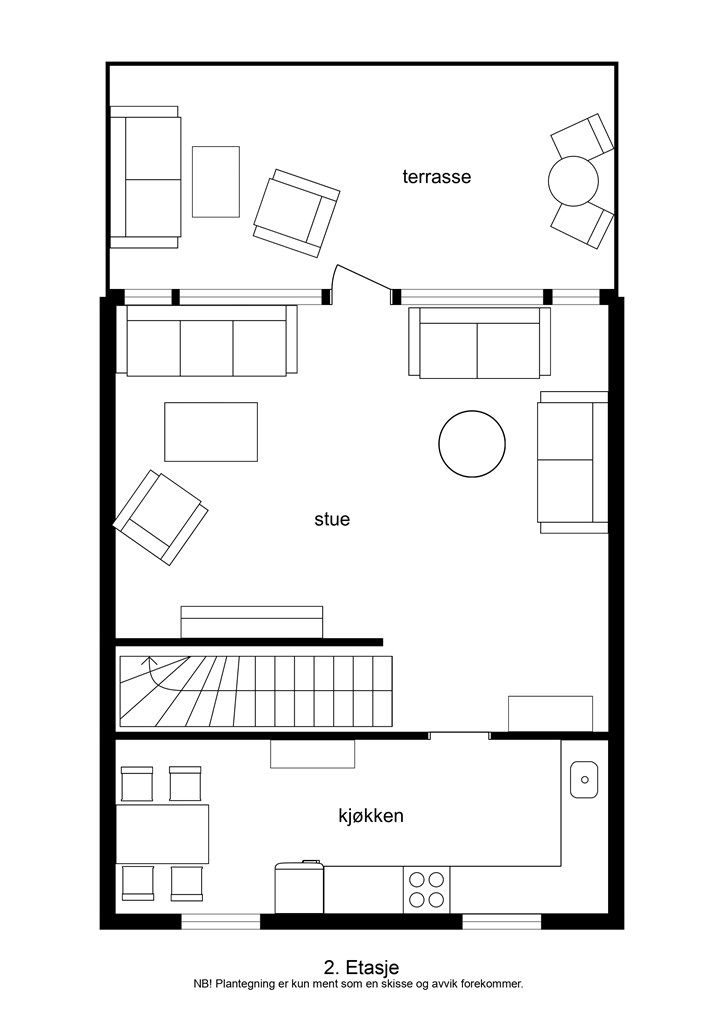 Andre etasje er boligens sosiale sone, med en åpen løsning mellom stue og kjøkken, samt utgang til balkong.